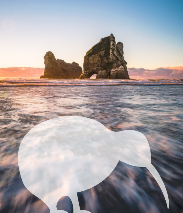 Archway islands with silhouette of a kiwi in front